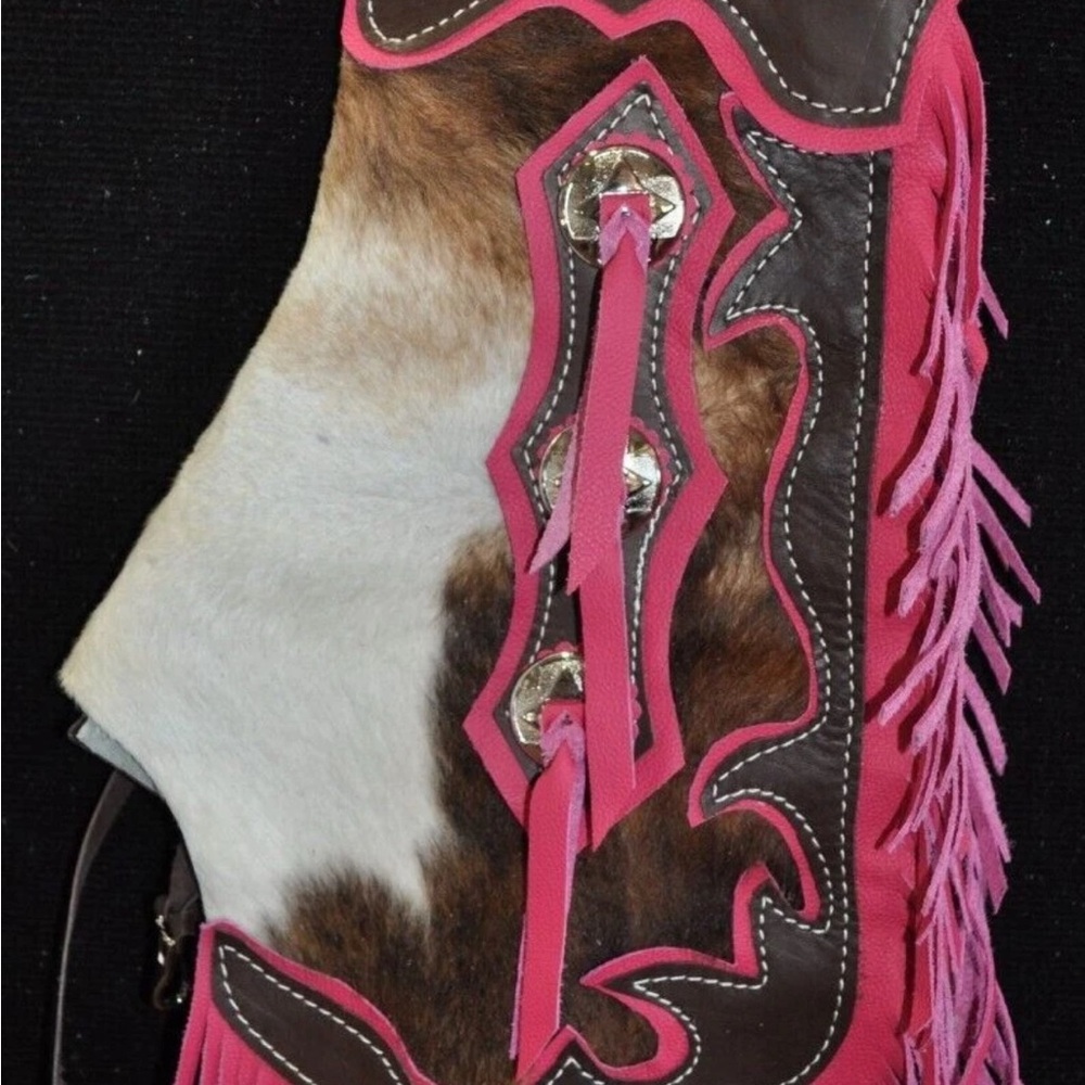 Cowhide & Pink Leather Fringe Western chaps for youth